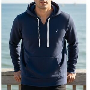 Nautica Mens Navy Blue V-Neck Pullover Hoodie Sweatshirt Sail Logo XXL